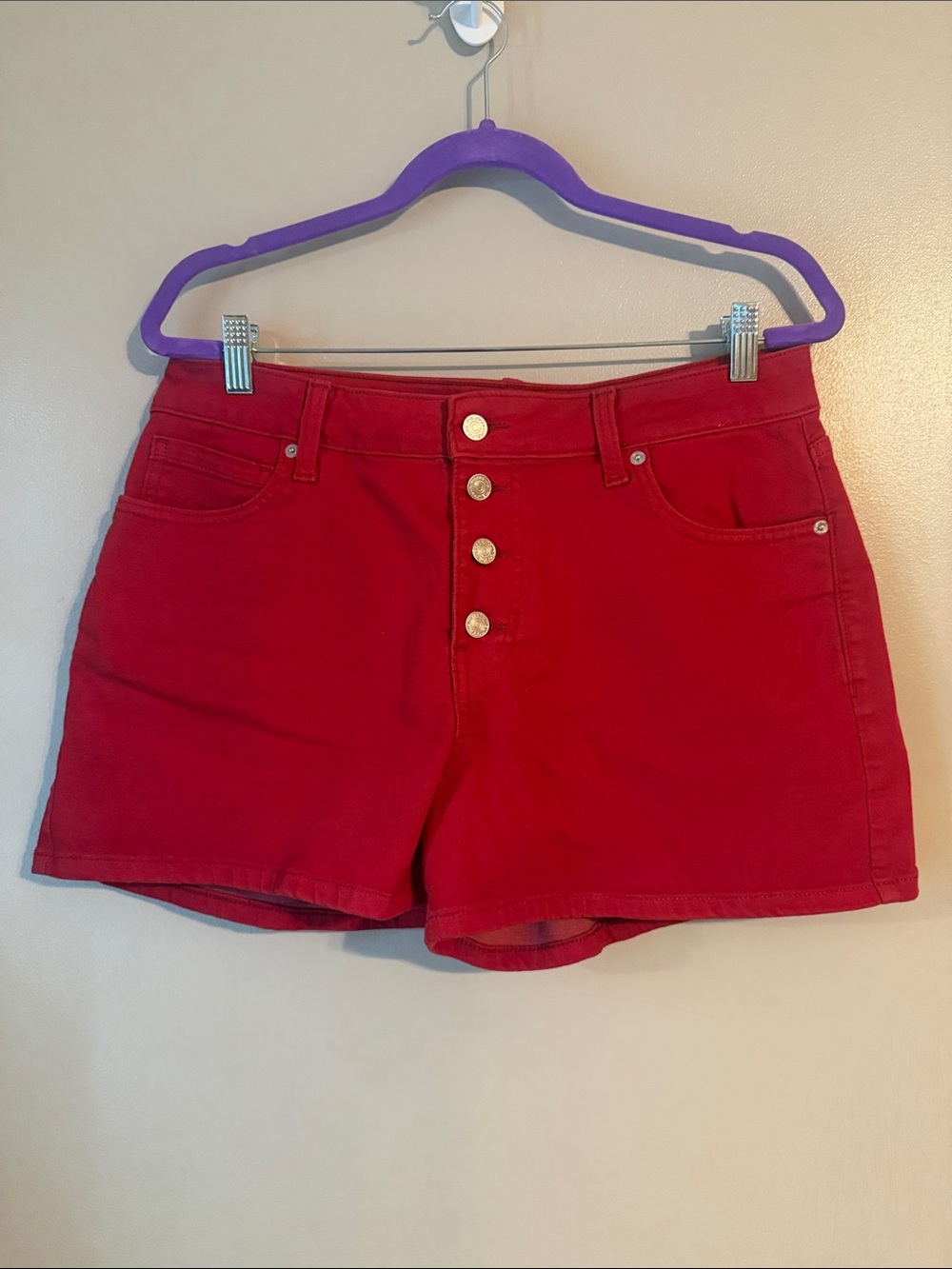 M Jeans Bright Red Button-Front Denim Shorts